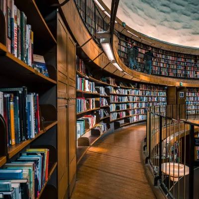 Sprawling, curved wooden shelves of books