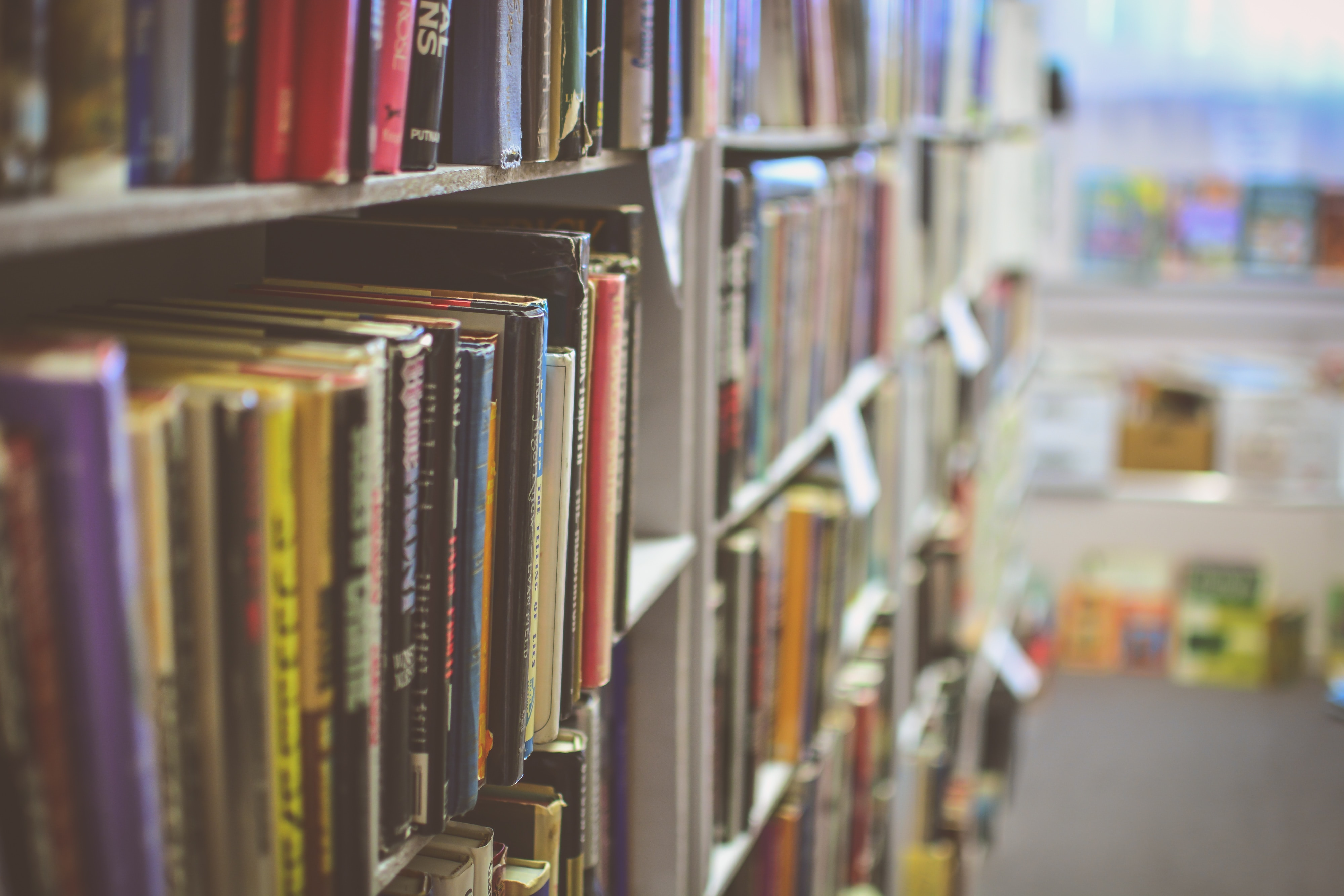 Books on library shelves