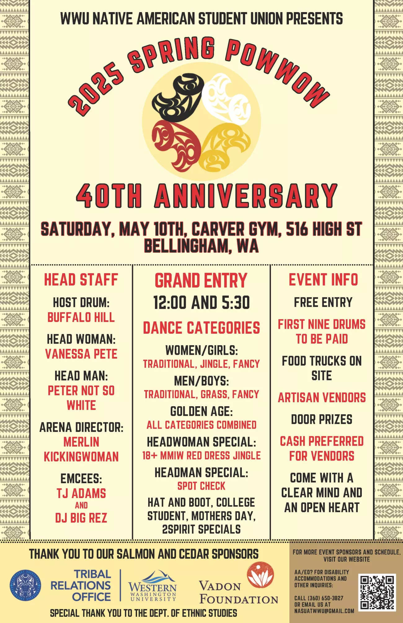 2025 Spring Powwow 40th Anniversary at WWU, May 10. Grand entries at 12 & 5:30 PM, Carver Gym, Bellingham, WA.