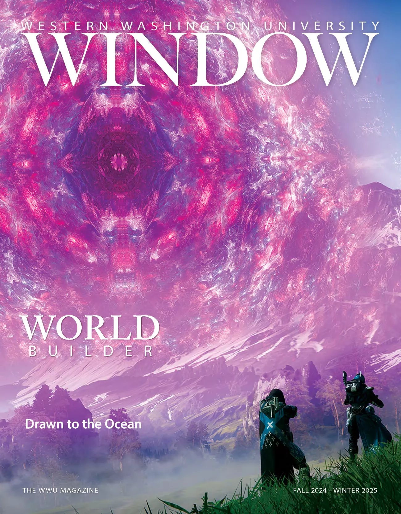 Western Washington University's Window magazine, Fall 2024-Winter 2025 issue.  Features "World Builder" and  "Drawn to the Ocean."  Purple, fantastical cover art.