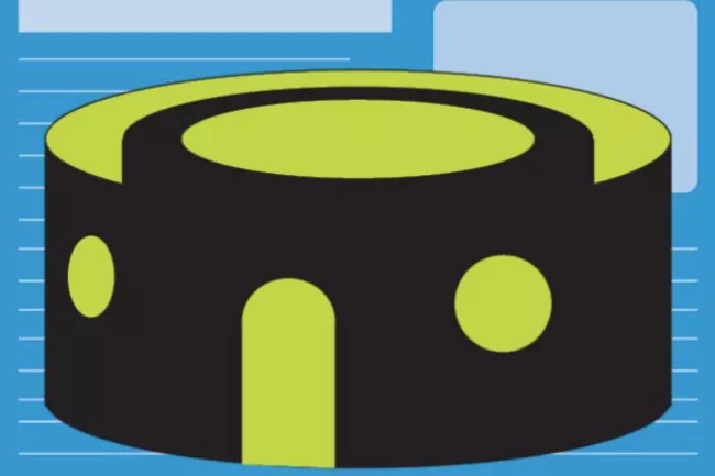 Stylized illustration of a cylindrical structure with green and black accents on a blue background